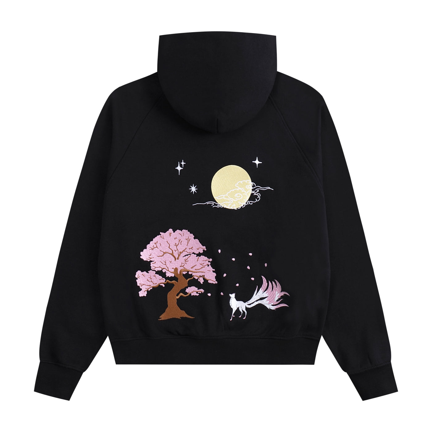 Embroidered Nine Tailed Fox Under the Full Moon Hoodie (Oversized) - Black