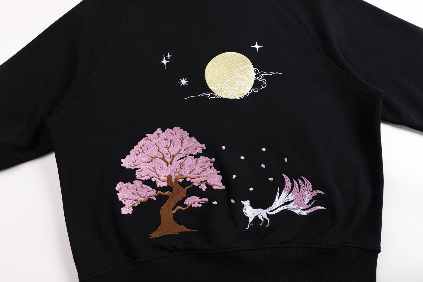 Embroidered Nine Tailed Fox Under the Full Moon Hoodie (Oversized) - Black