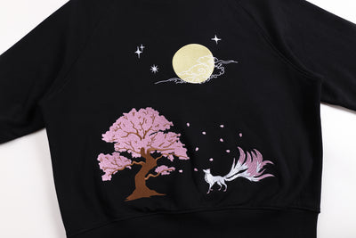 Embroidered Nine Tailed Fox Under the Full Moon Hoodie (Oversized) - Black