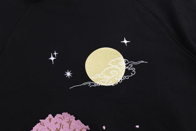 Embroidered Nine Tailed Fox Under the Full Moon Hoodie (Oversized) - Black