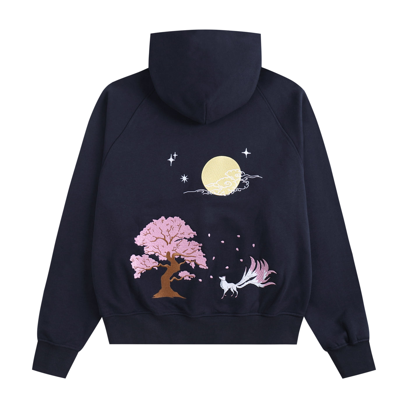 Embroidered Nine Tailed Fox Under the Full Moon Hoodie (Oversized) - Starry Night Blue