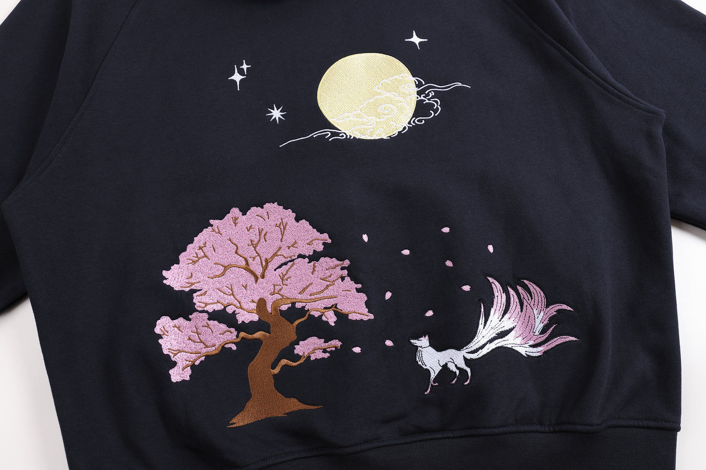 Embroidered Nine Tailed Fox Under the Full Moon Hoodie (Oversized) - Starry Night Blue