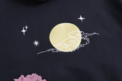Embroidered Nine Tailed Fox Under the Full Moon Hoodie (Oversized) - Starry Night Blue