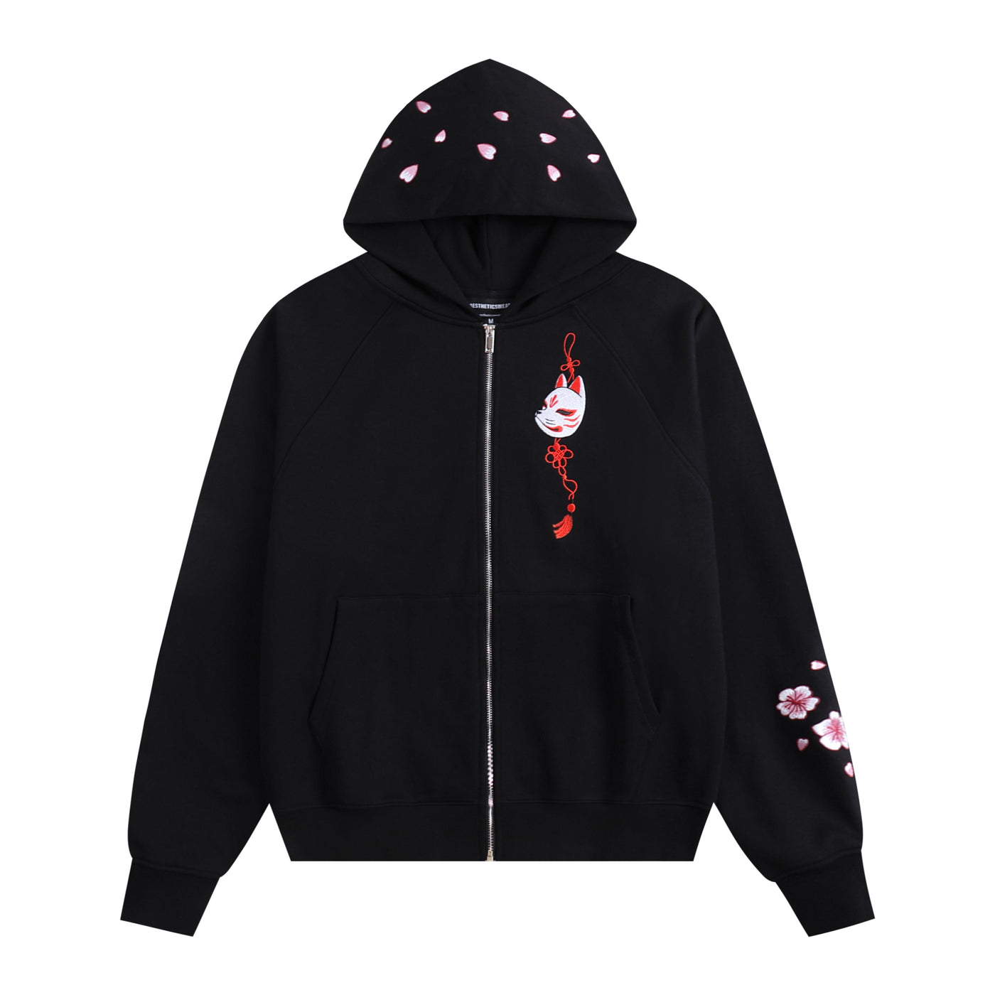 Embroidered Blossom and Kitsune Mask Zip Up (Oversized) - Black