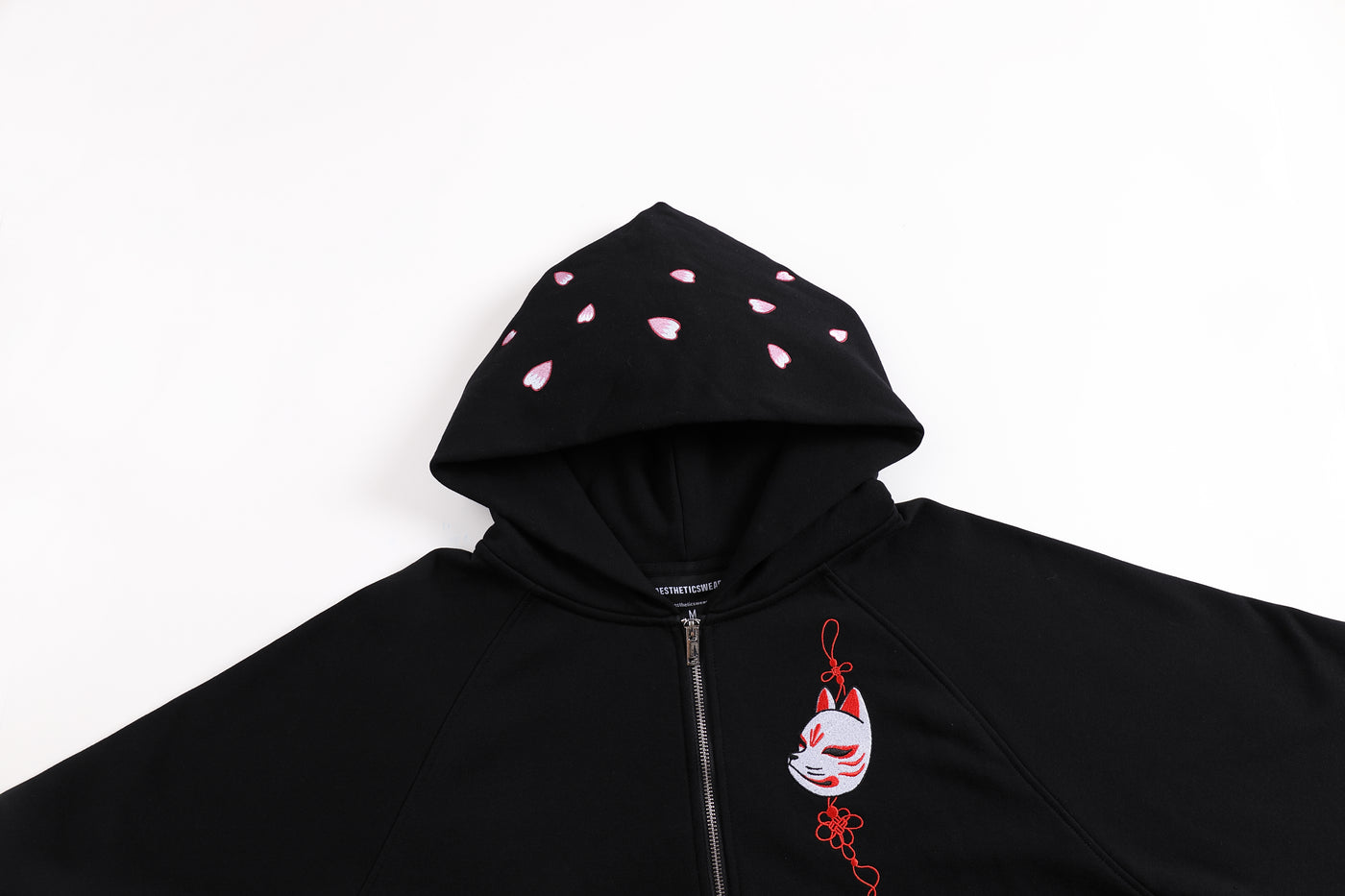 Embroidered Blossom and Kitsune Mask Zip Up (Oversized) - Black