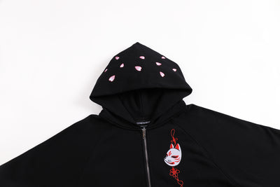 Embroidered Blossom and Kitsune Mask Zip Up (Oversized) - Black