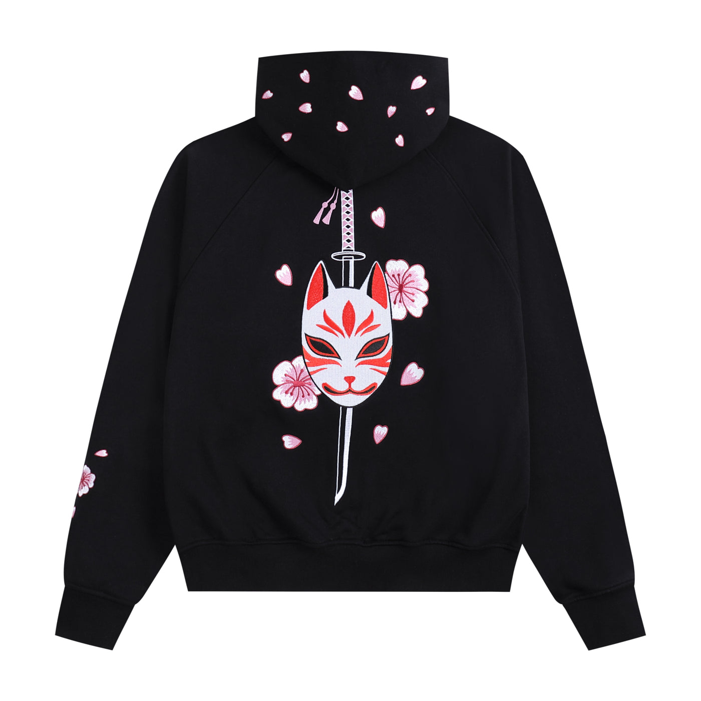 Embroidered Blossom and Kitsune Mask Zip Up (Oversized) - Black