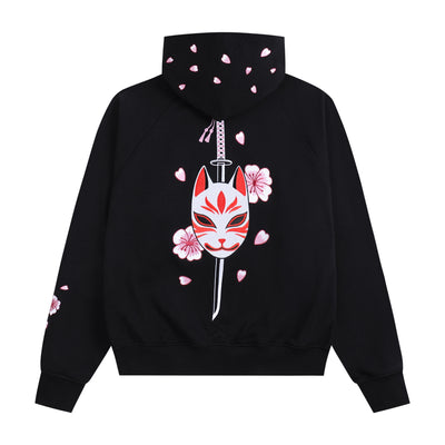 Embroidered Blossom and Kitsune Mask Zip Up (Oversized) - Black
