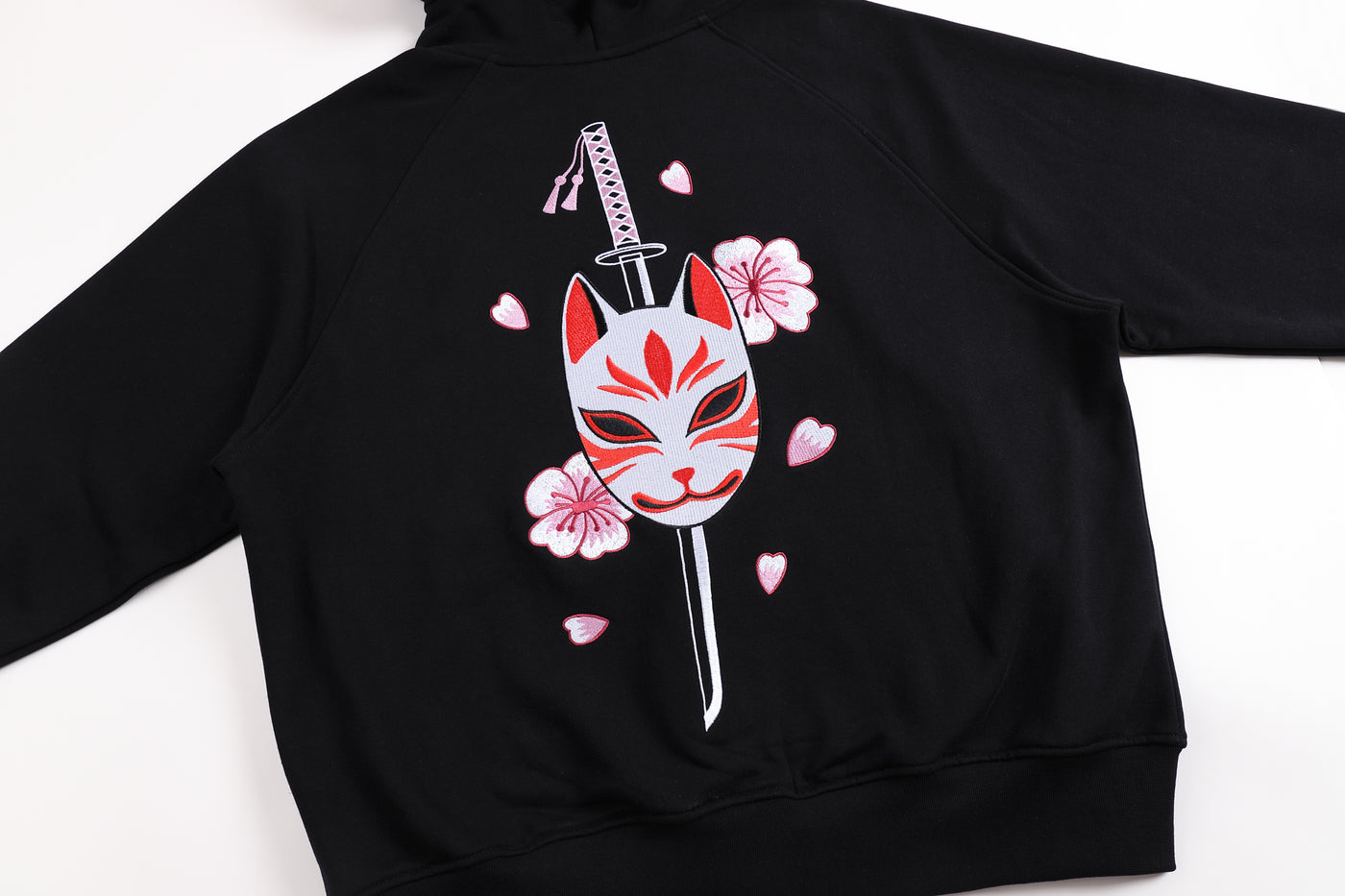 Embroidered Blossom and Kitsune Mask Zip Up (Oversized) - Black