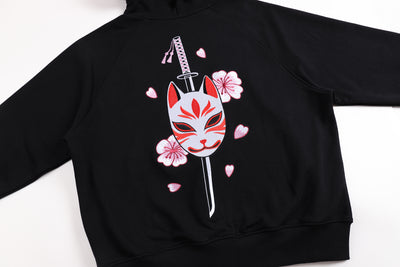 Embroidered Blossom and Kitsune Mask Zip Up (Oversized) - Black