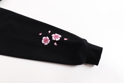 Embroidered Blossom and Kitsune Mask Zip Up (Oversized) - Black