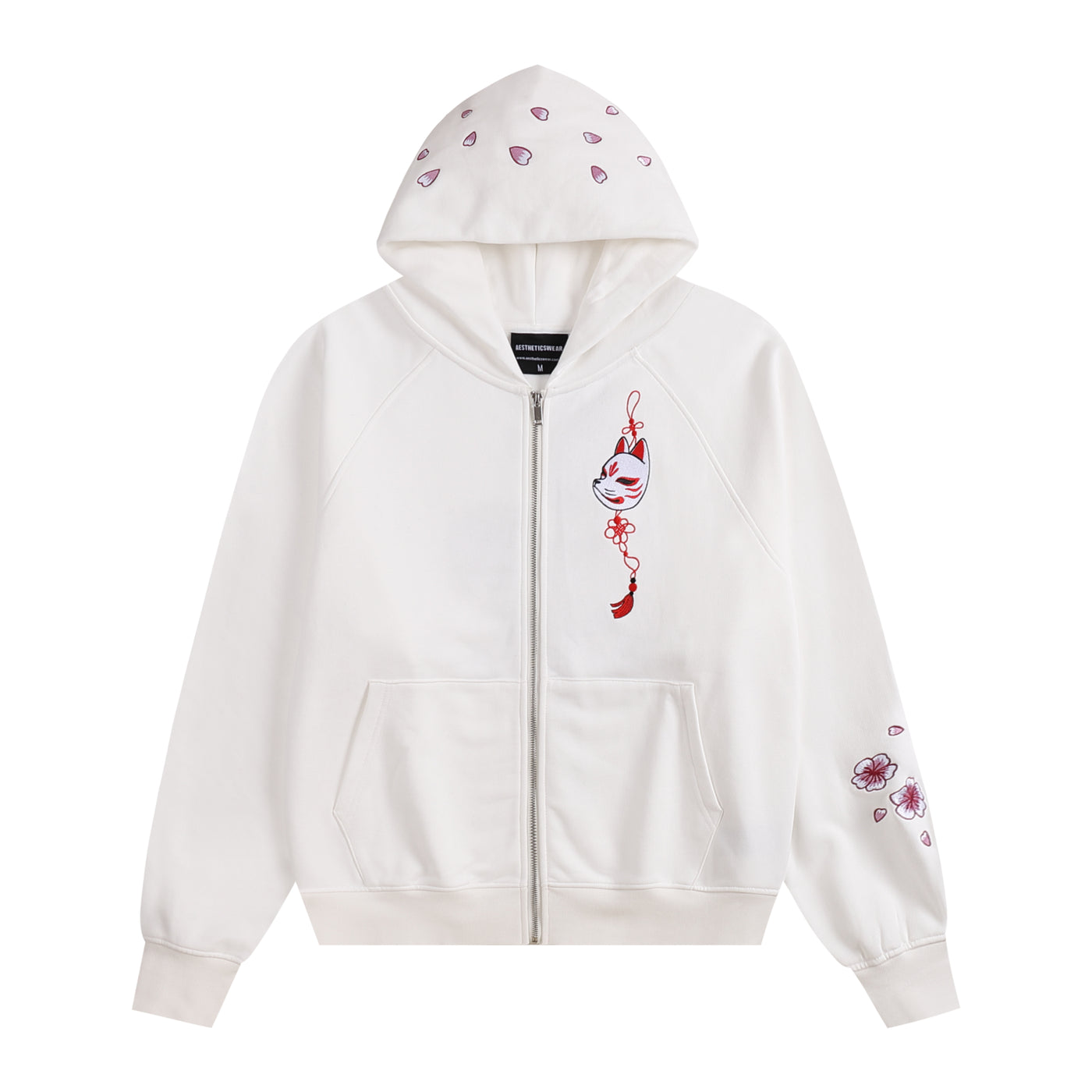Embroidered Blossom and Kitsune Mask Zip Up (Oversized) - White