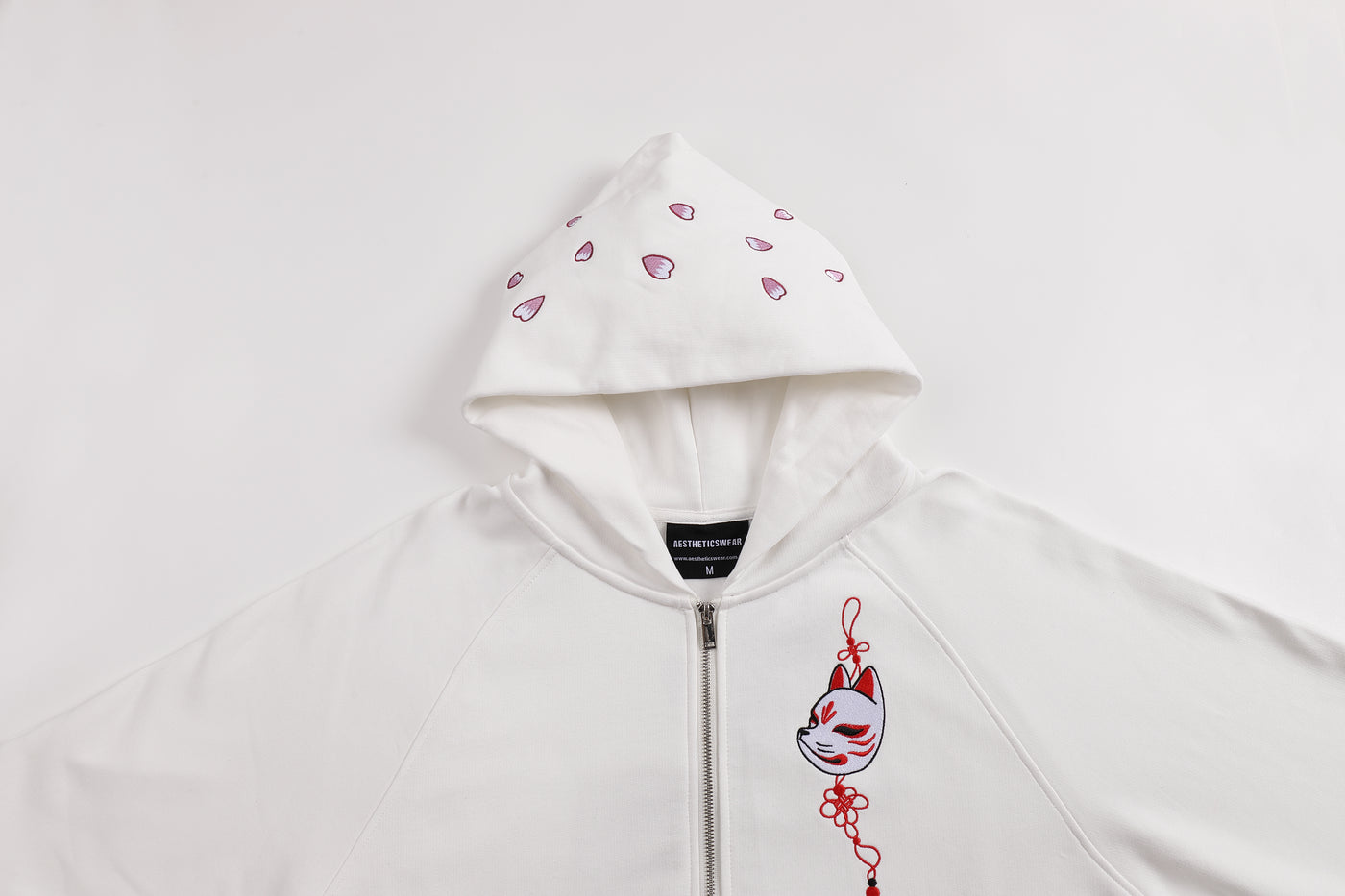 Embroidered Blossom and Kitsune Mask Zip Up (Oversized) - White