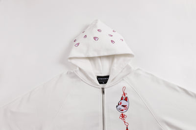 Embroidered Blossom and Kitsune Mask Zip Up (Oversized) - White