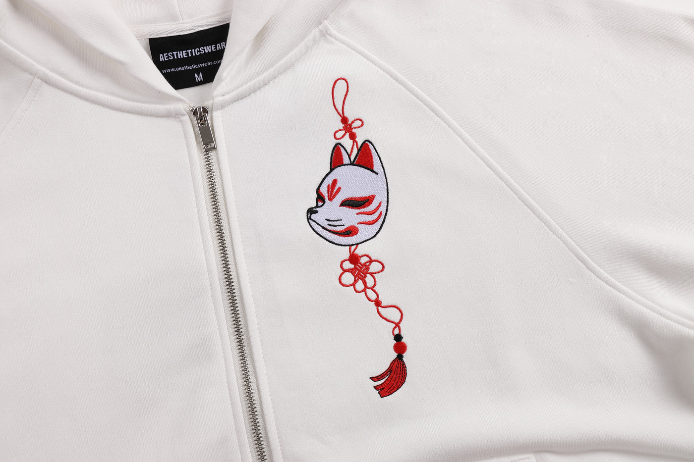 Embroidered Blossom and Kitsune Mask Zip Up (Oversized) - White