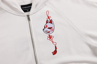 Embroidered Blossom and Kitsune Mask Zip Up (Oversized) - White