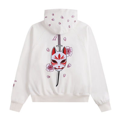 Embroidered Blossom and Kitsune Mask Zip Up (Oversized) - White