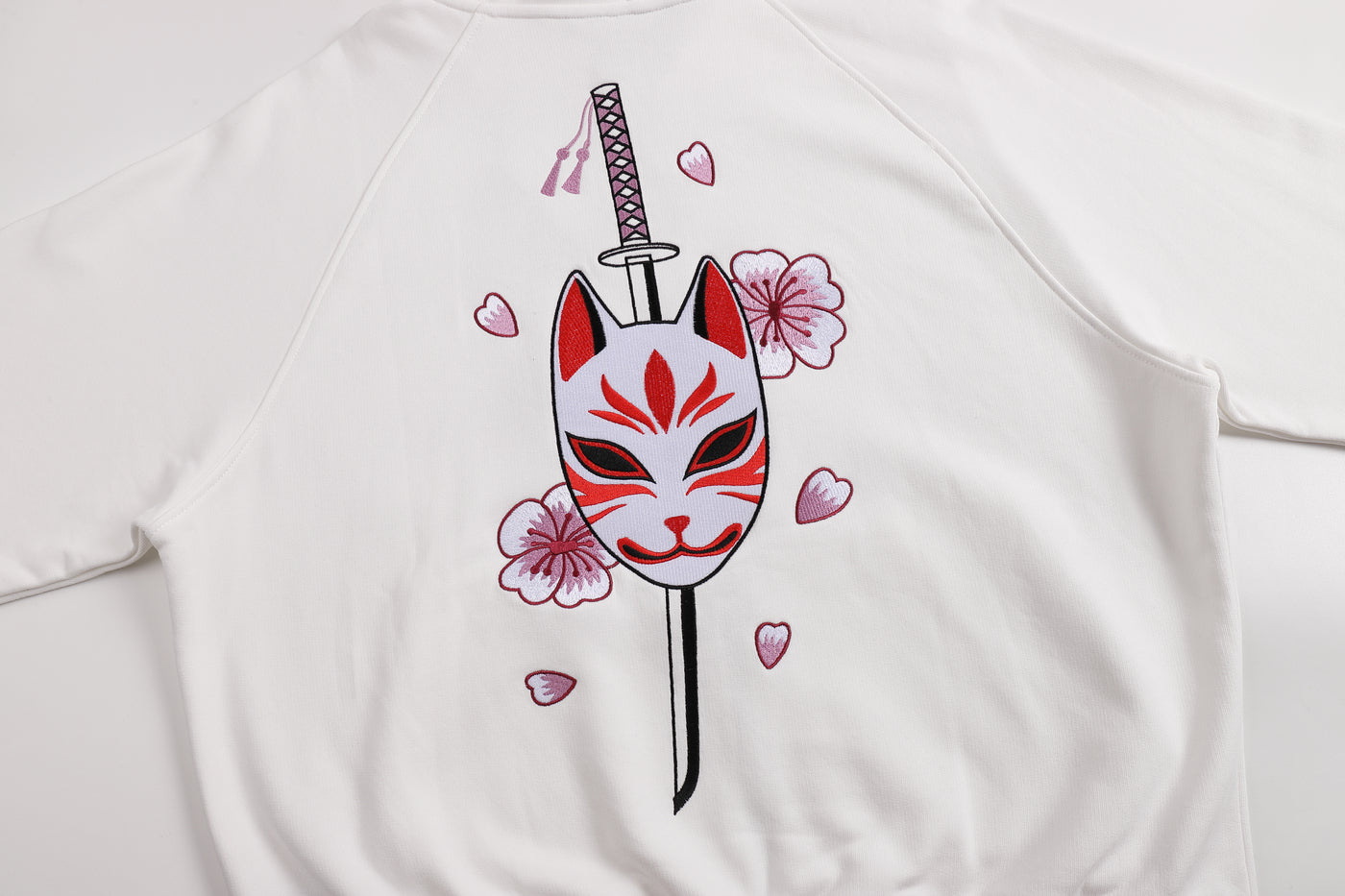 Embroidered Blossom and Kitsune Mask Zip Up (Oversized) - White