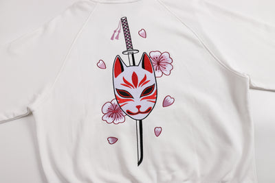 Embroidered Blossom and Kitsune Mask Zip Up (Oversized) - White