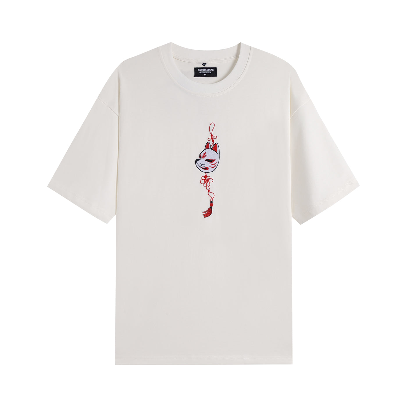 Embroidered Heavy Weight Kitsune Charm T shirt (Oversized) - White