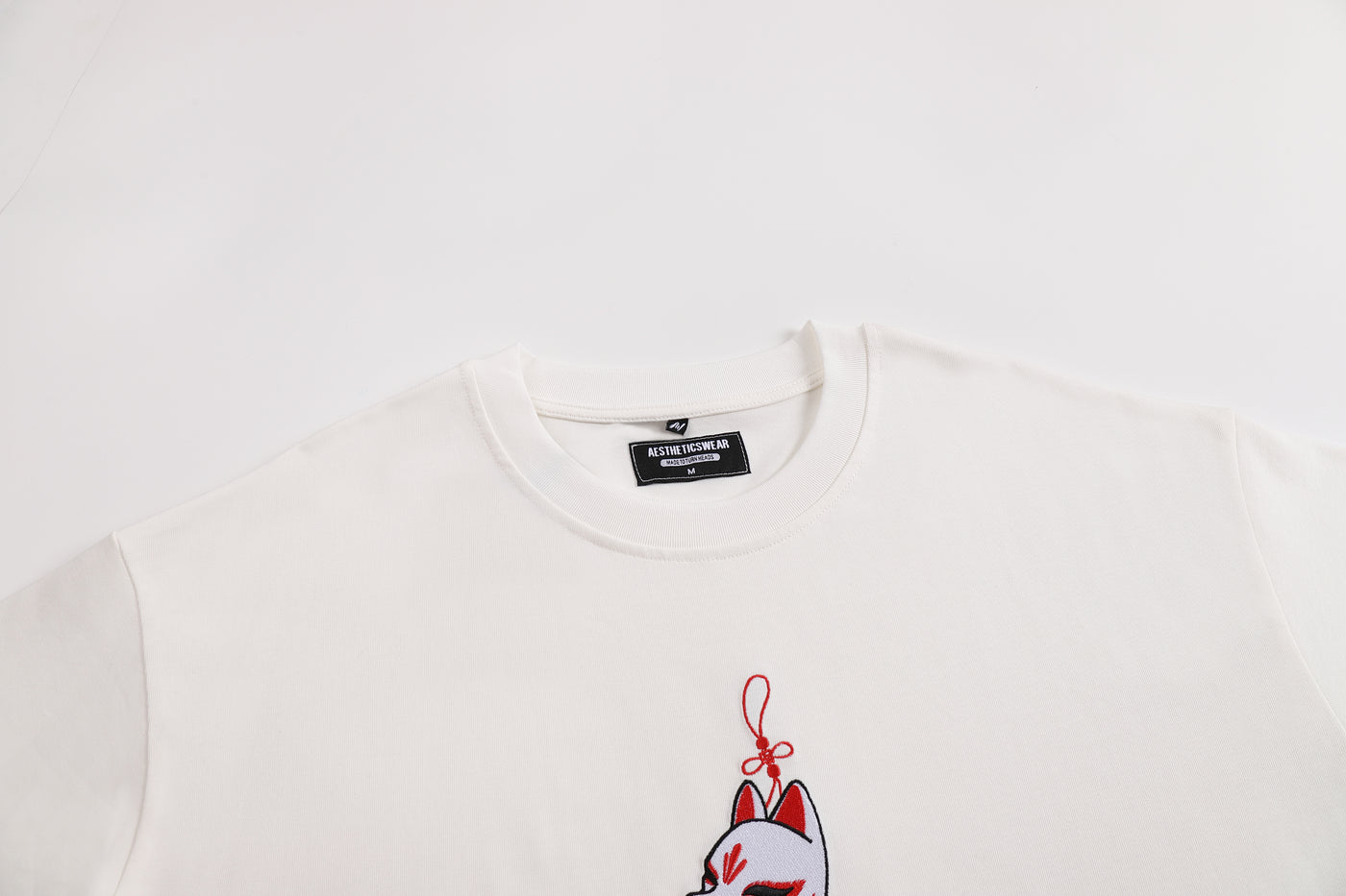 Embroidered Heavy Weight Kitsune Charm T shirt (Oversized) - White
