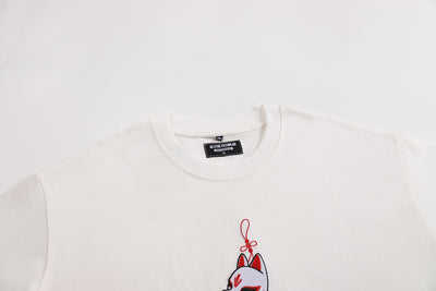 Embroidered Heavy Weight Kitsune Charm T shirt (Oversized) - White