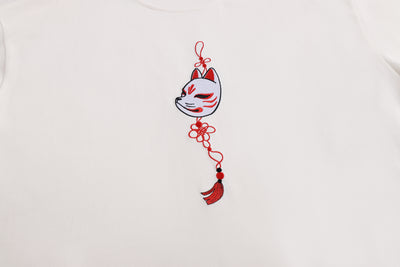 Embroidered Heavy Weight Kitsune Charm T shirt (Oversized) - White