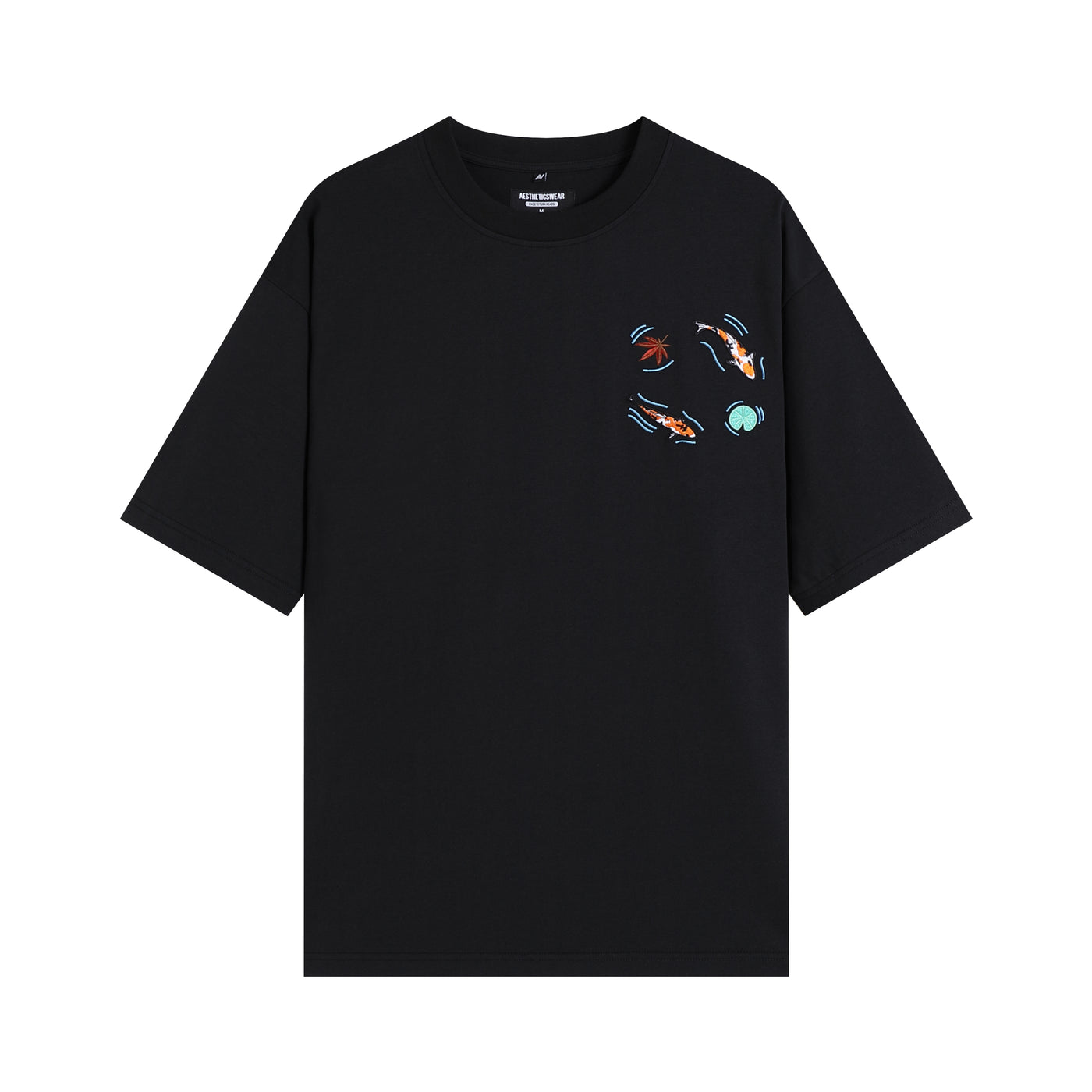 Embroidered Heavy Weight Koi Pond T shirt (Oversized) - Black