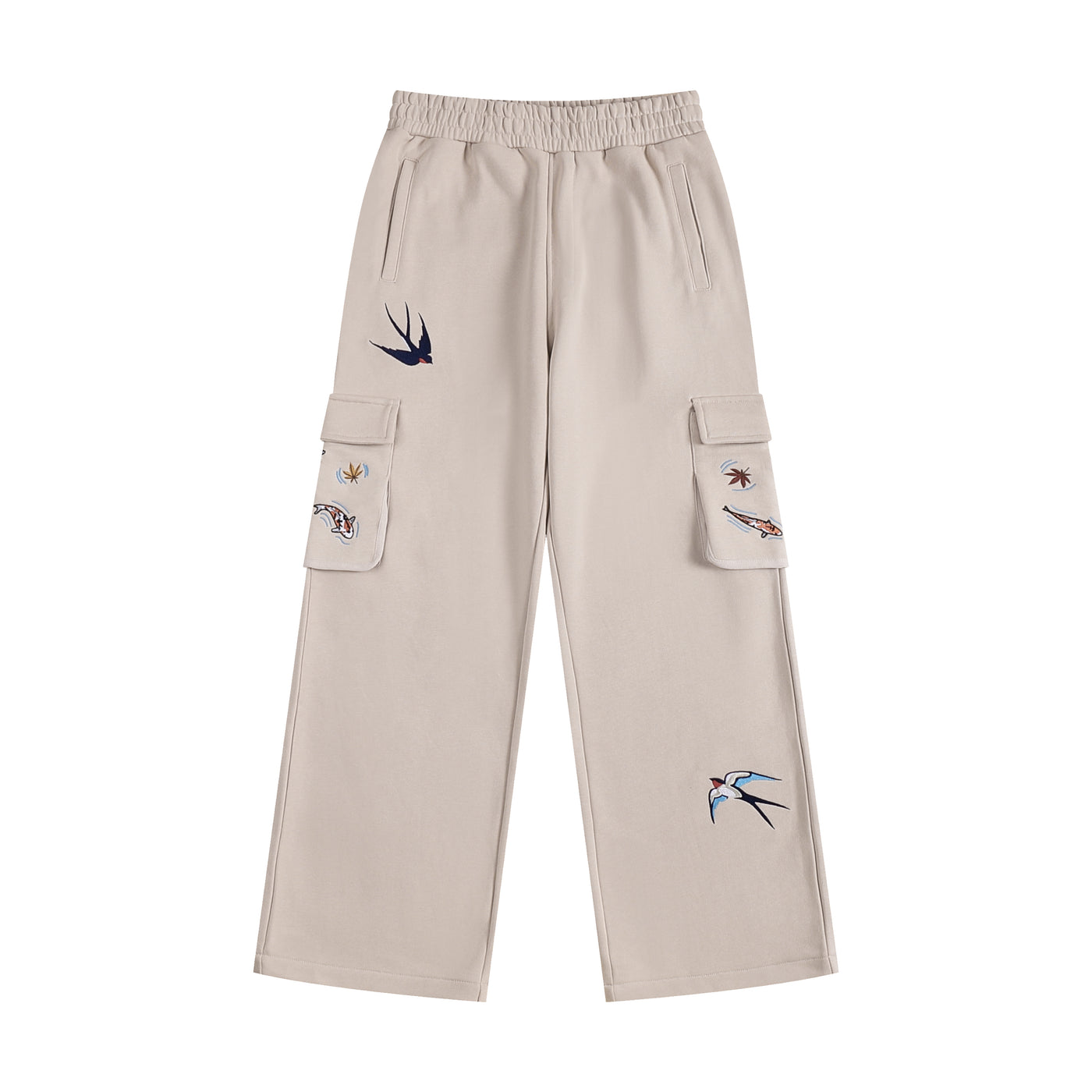 Embroidered Autumn Tranquility Baggy Cargo Sweatpants - Beige