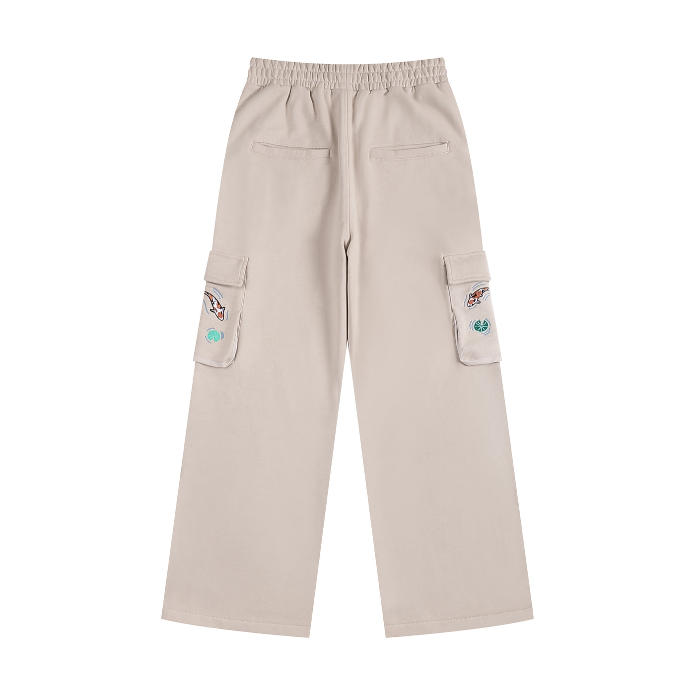 Embroidered Autumn Tranquility Baggy Cargo Sweatpants - Beige