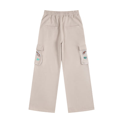 Embroidered Autumn Tranquility Baggy Cargo Sweatpants - Beige