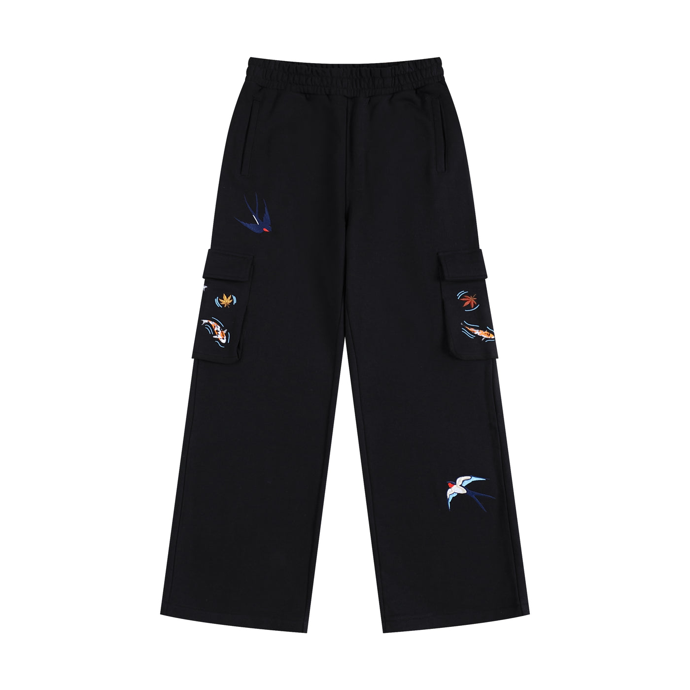 Embroidered Autumn Tranquility Baggy Cargo Sweatpants - Black