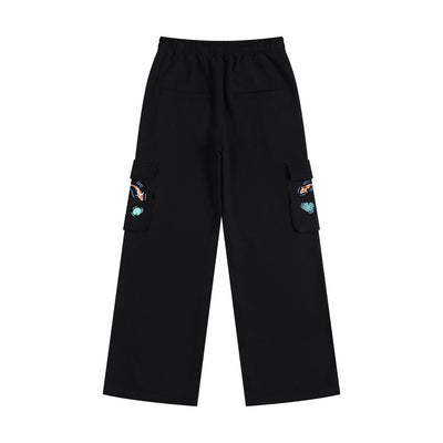 Embroidered Autumn Tranquility Baggy Cargo Sweatpants - Black
