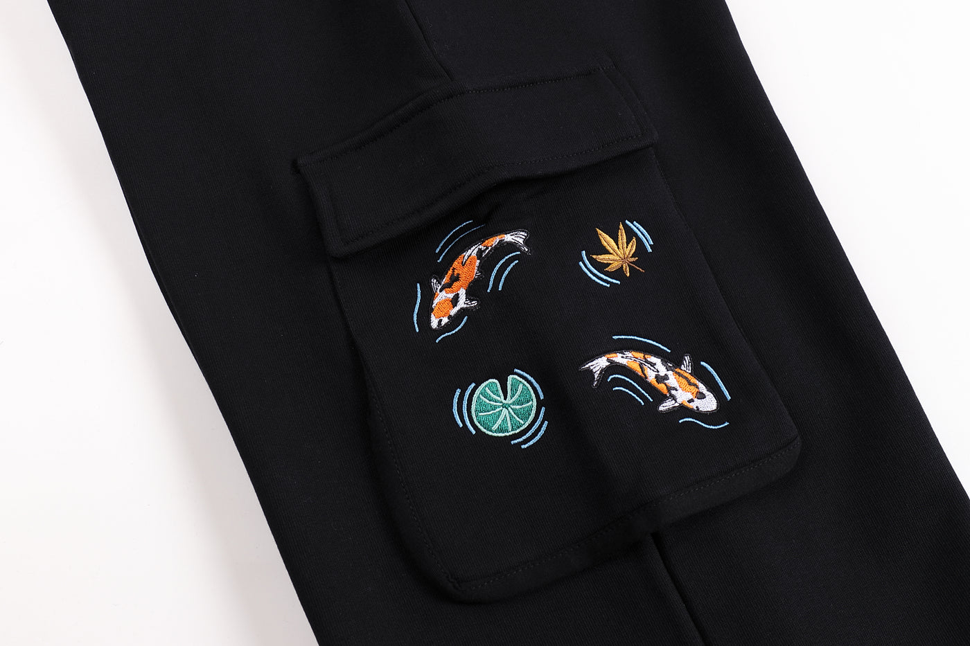 Embroidered Autumn Tranquility Baggy Cargo Sweatpants - Black