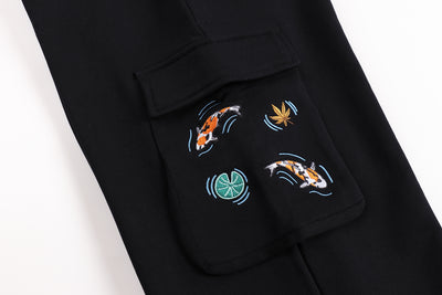 Embroidered Autumn Tranquility Baggy Cargo Sweatpants - Black