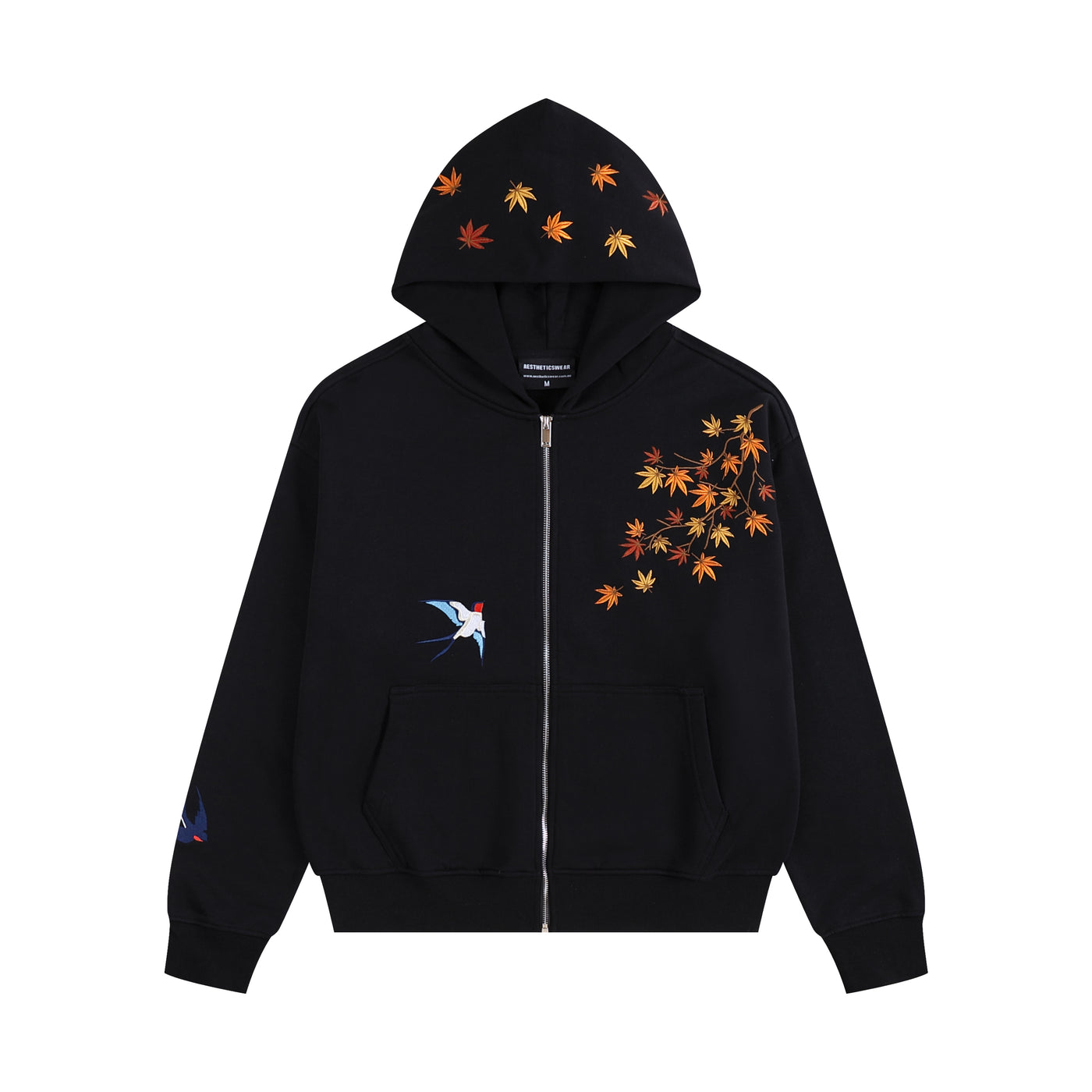 Embroidered Autumn Tranquility Zip Up (Oversized) - Black