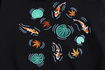 Embroidered Autumn Tranquility Zip Up (Oversized) - Black