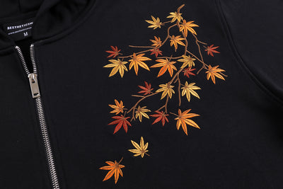 Embroidered Autumn Tranquility Zip Up (Oversized) - Black