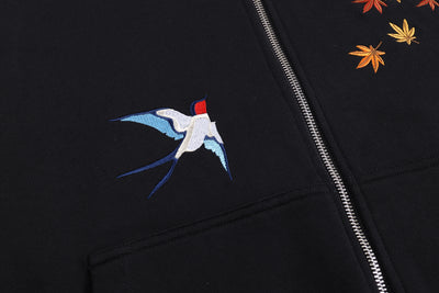 Embroidered Autumn Tranquility Zip Up (Oversized) - Black