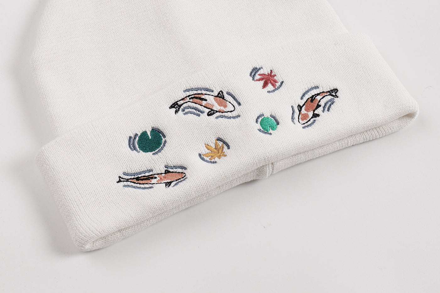Embroidered Koi Pond Beanie - Off White