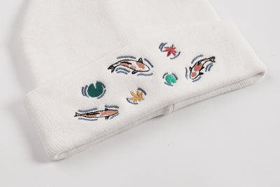 Embroidered Koi Pond Beanie - Off White