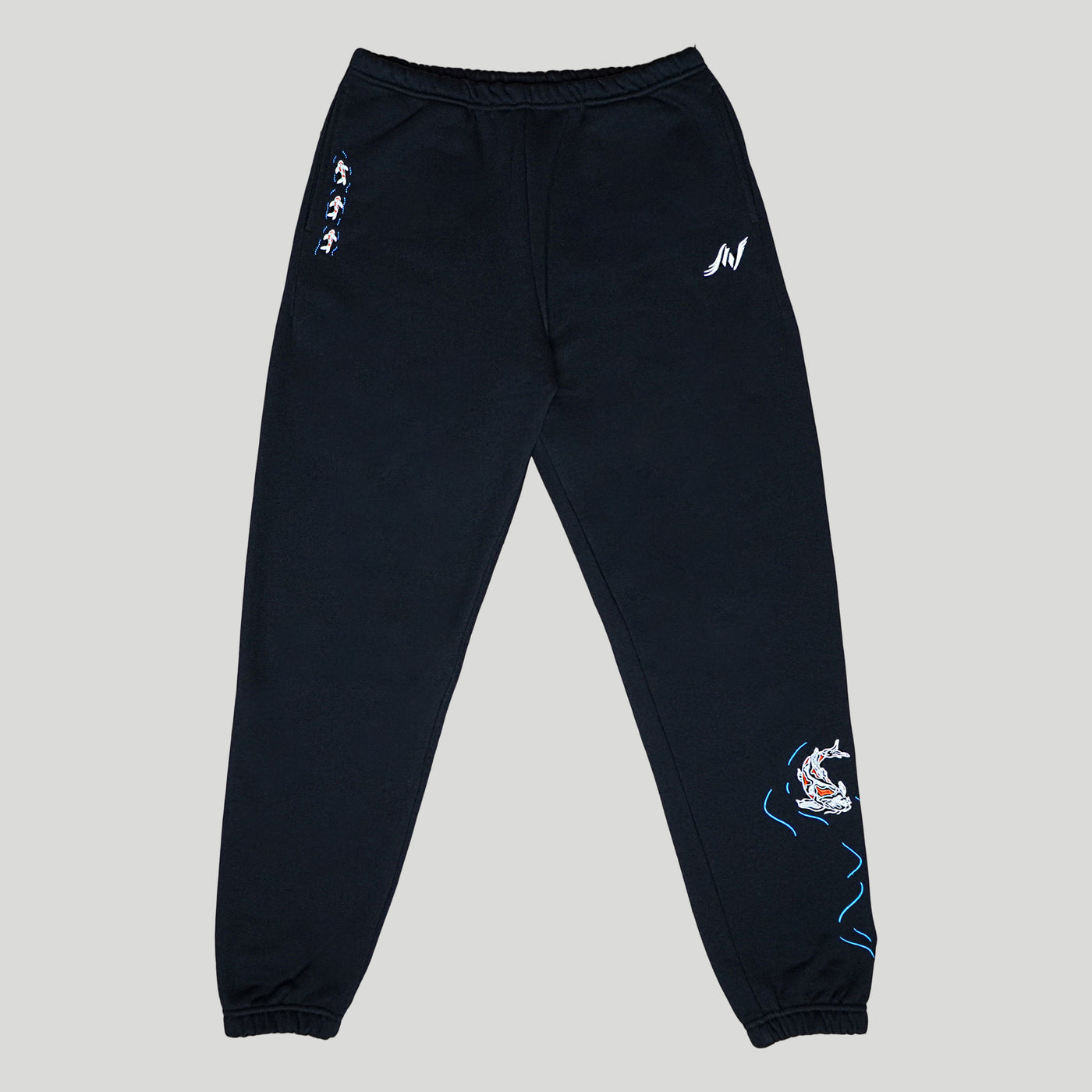 Embroidered Swimming Koi Joggers - Black