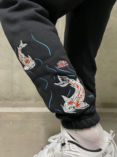 Embroidered Swimming Koi Joggers - Black