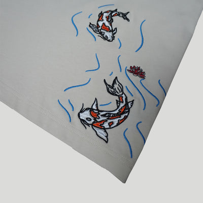 Embroidered Heavy Weight Swimming Koi T Shirt - Parchment