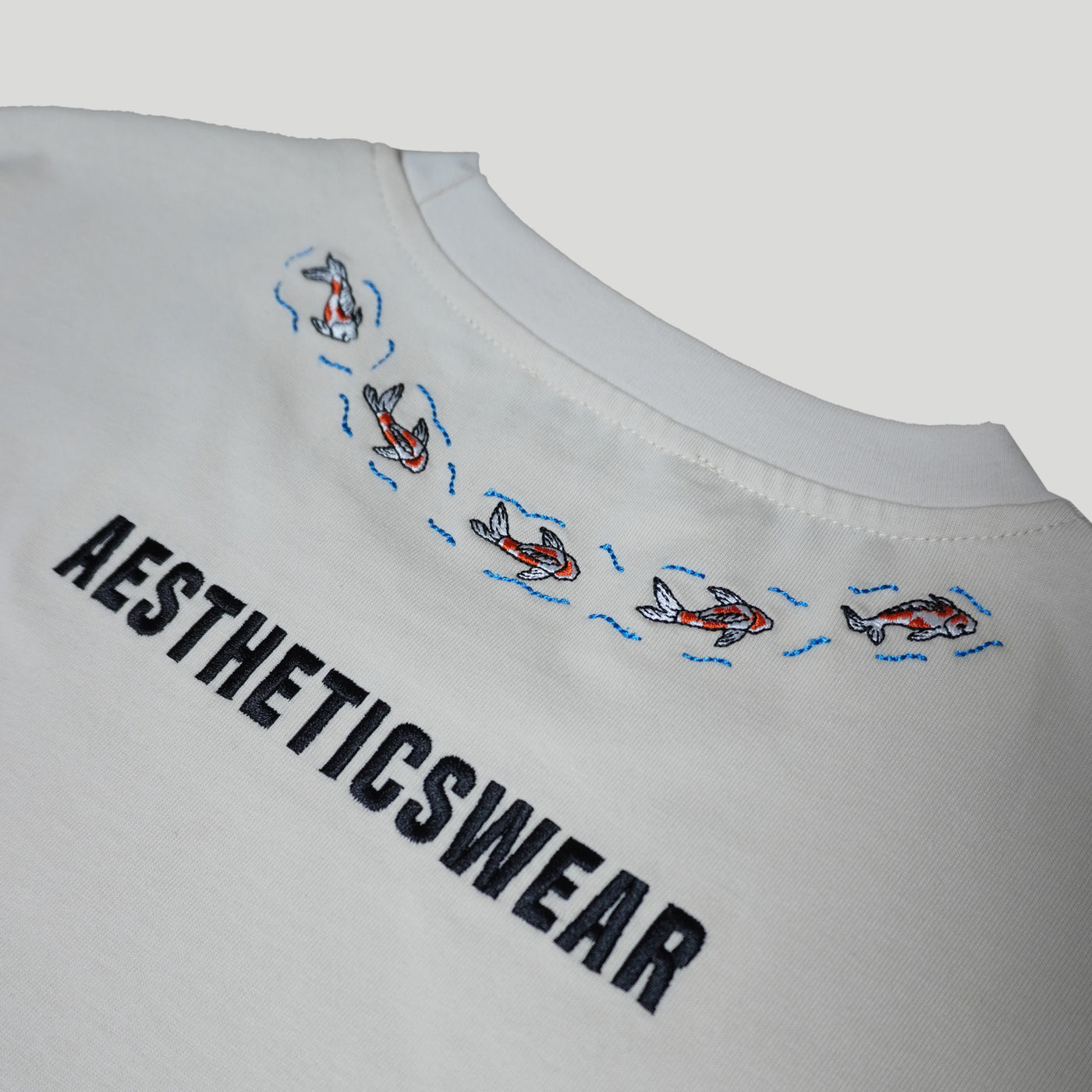 Embroidered Heavy Weight Swimming Koi T Shirt - Parchment