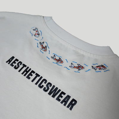 Embroidered Heavy Weight Swimming Koi T Shirt - Parchment