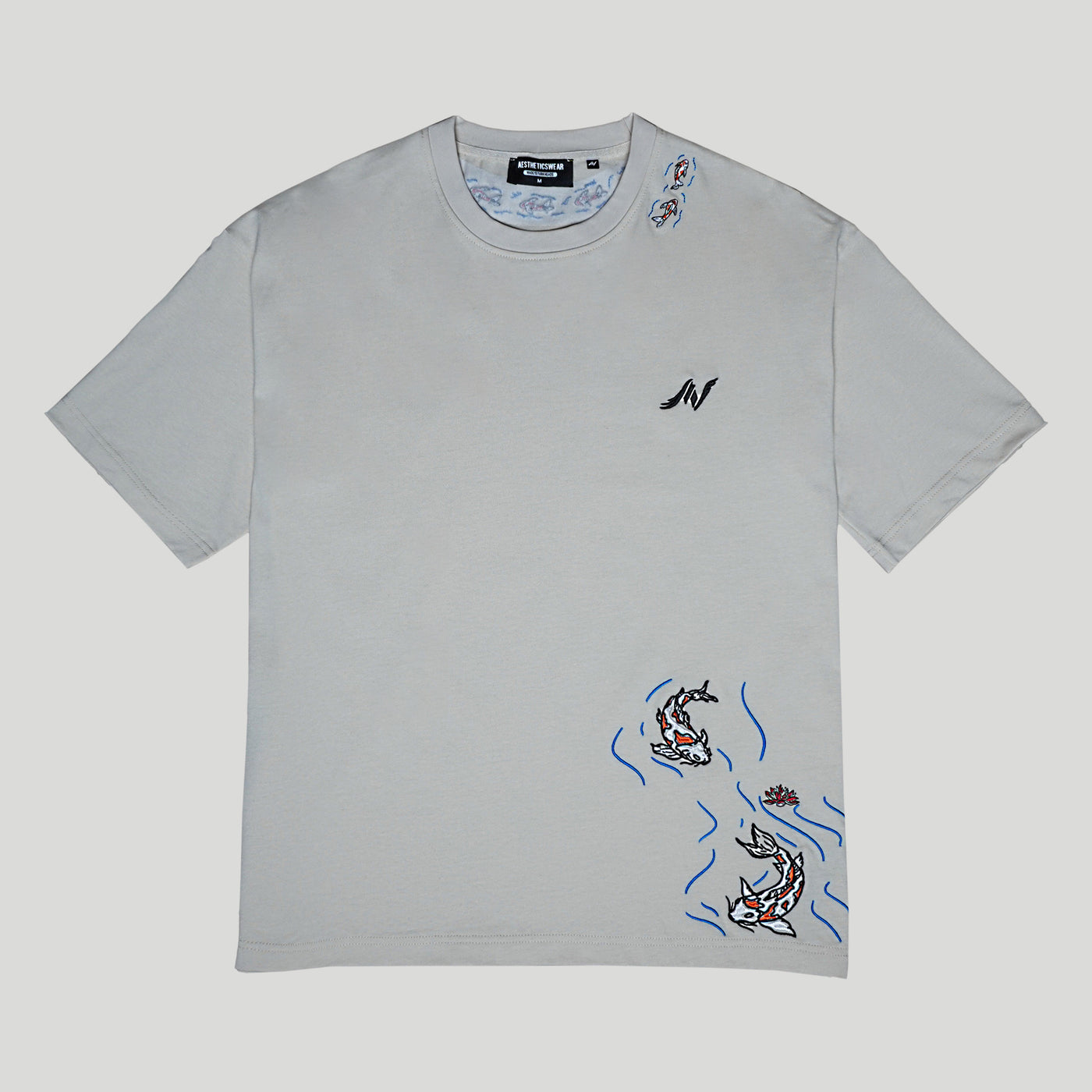 Embroidered Heavy Weight Swimming Koi T Shirt - Parchment