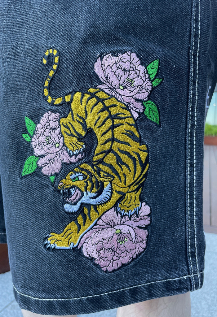 Embroidered Tiger and Peony Jorts