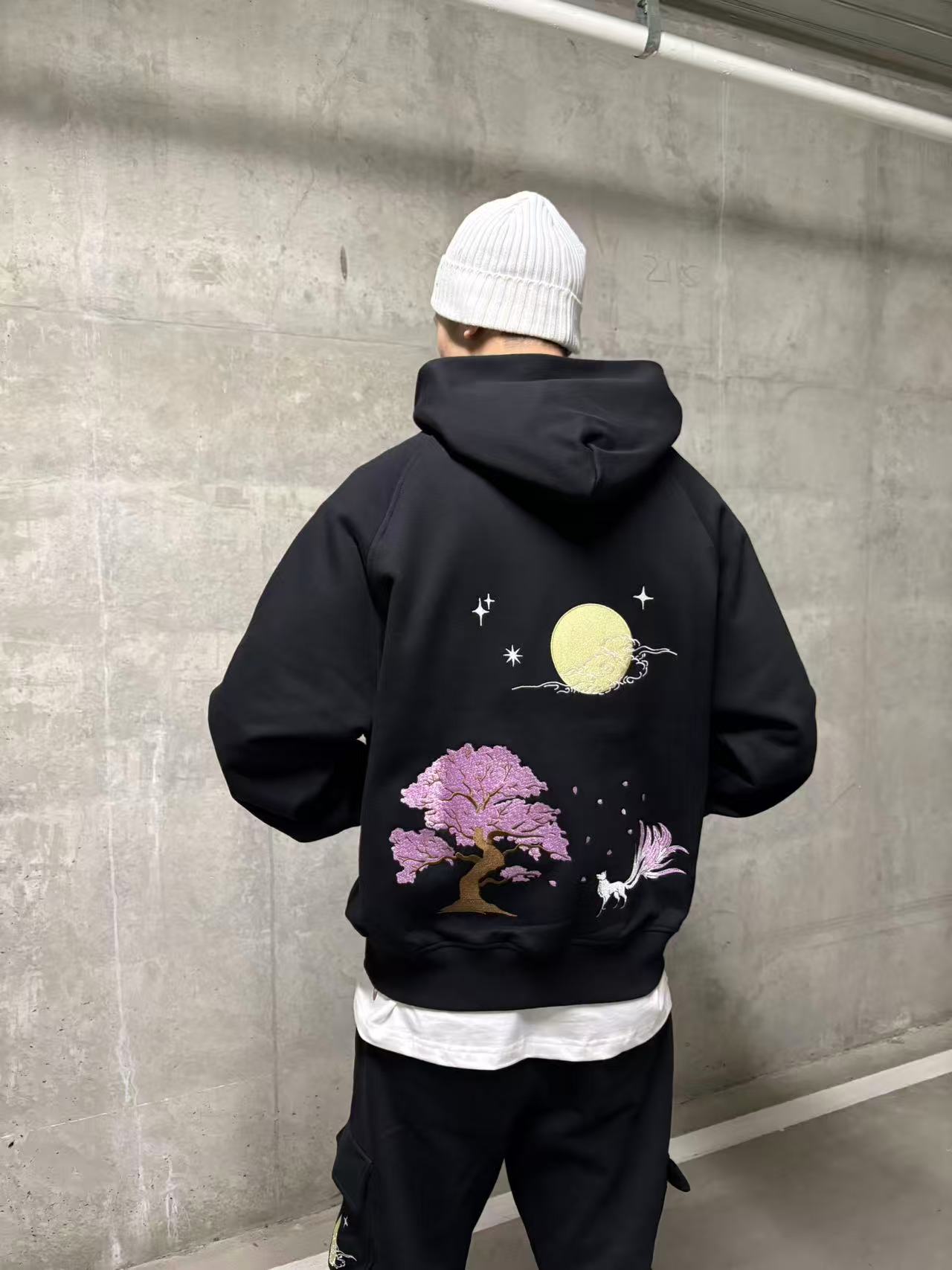 Embroidered Nine Tailed Fox Under the Full Moon Hoodie (Oversized) - Black