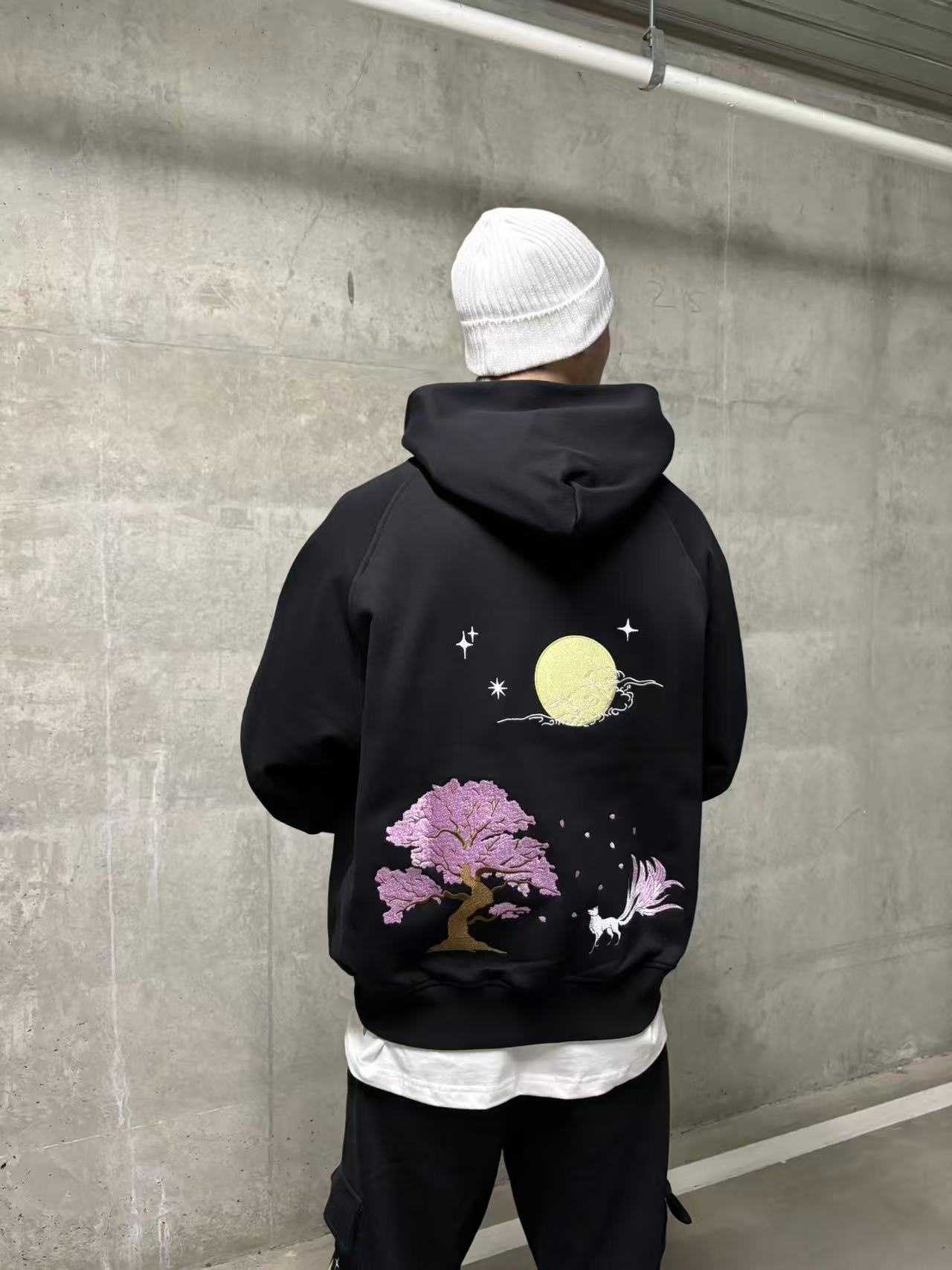 Embroidered Nine Tailed Fox Under the Full Moon Hoodie (Oversized) - Black
